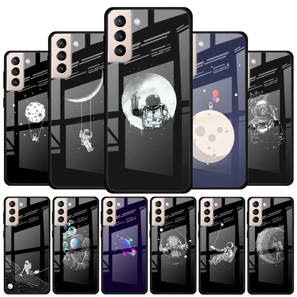 

Space Moon Astronaut Stars Tempered Glass Case For Samsung Galaxy S21 S20 FE S20 Ultra S10e S10 Lite S9 S8 Plus 5G Cover Coque