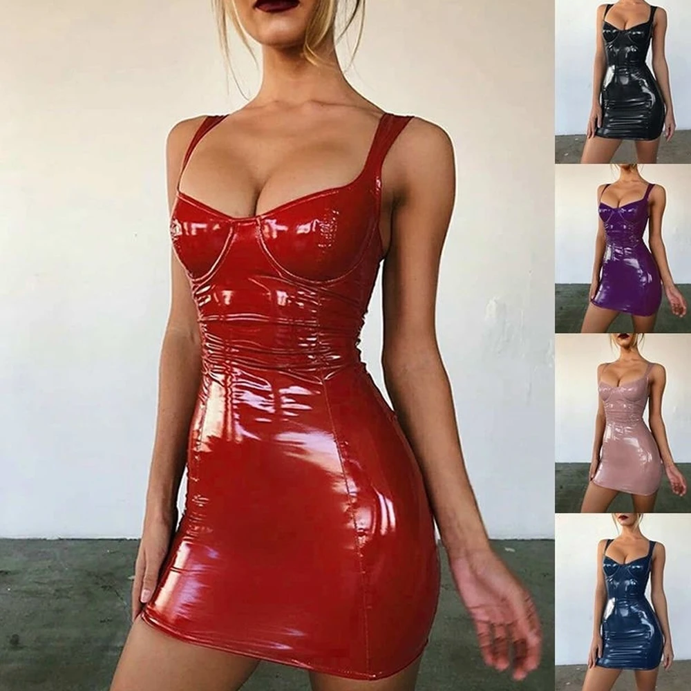 Sexy Backless Club Party Short Dress Women Latex Faux Leather Bodycon Mini Dress 2020 Sleeveless Strap Sexy Club Dress vestido
Sexy Backless Club Party Short Dress Women Latex Faux Leather Bodycon Mini Dress 2020 Sleeveless Strap Sexy Club Dress vestido