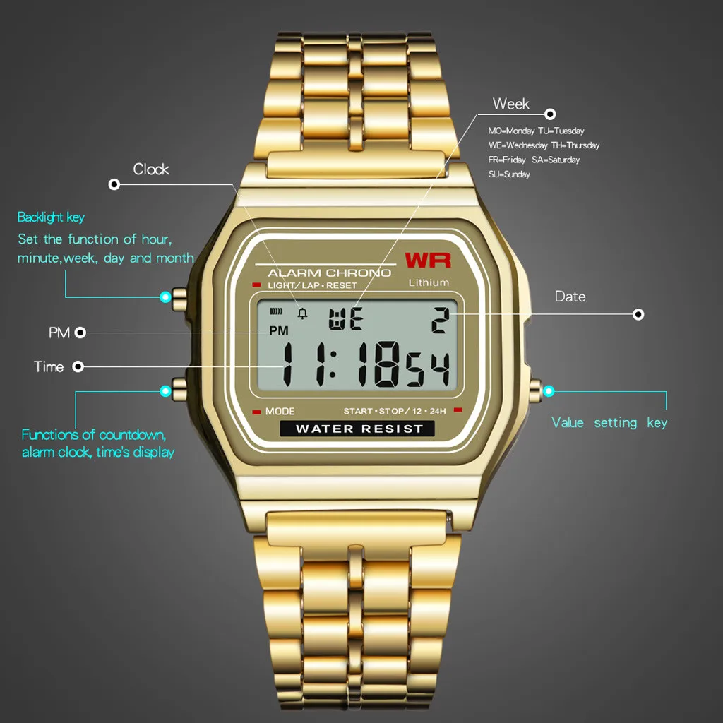 New LED Digital Waterproof Quartz Wrist Watch Stainless Steel Golden Wristwatch Women Men Fashion Watch Men Bracelet Reloj Mujer
New LED Digital Waterproof Quartz Wrist Watch Stainless Steel Golden Wristwatch Women Men Fashion Watch Men Bracelet Reloj Mujer