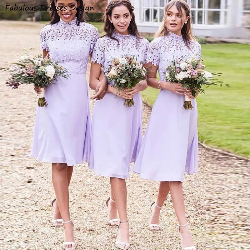 High Collar Knee Length Bridesmaid Dresses Short Sleeve Applique Lace Lilac A Line 2021 Chiffon Wedding Party Dress Vestidos
High Collar Knee Length Bridesmaid Dresses Short Sleeve Applique Lace Lilac A Line 2021 Chiffon Wedding Party Dress Vestidos