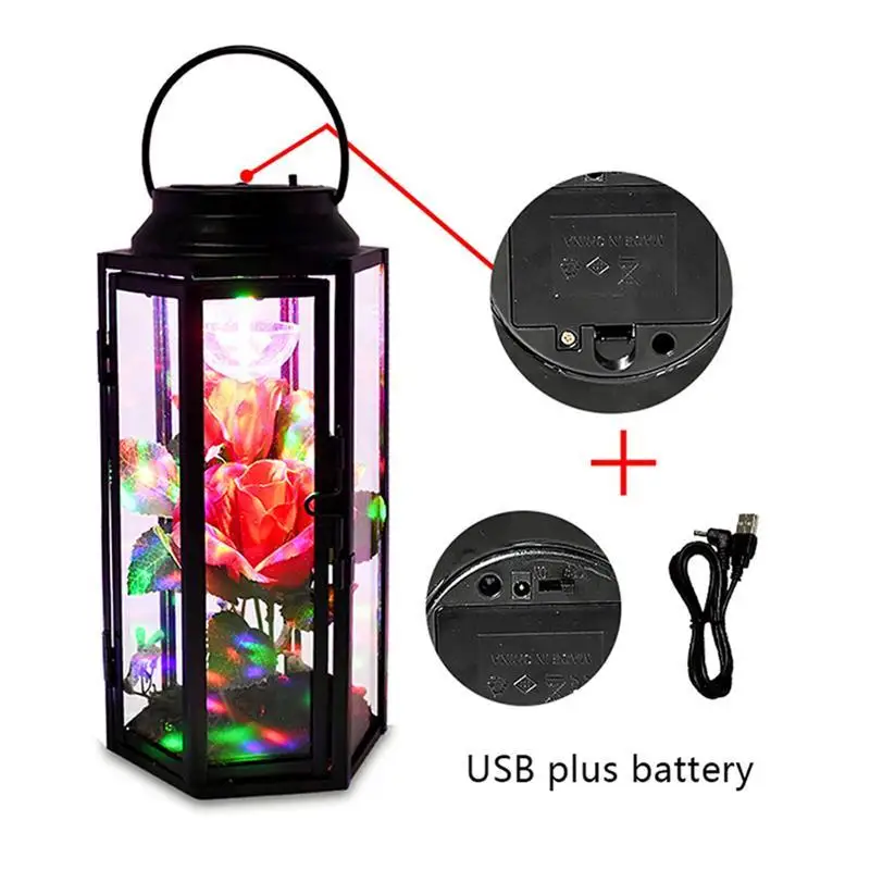 

Rechargable LED Rose Wind Lamp with Rose in Glass Dome and Metal Frame 31*11cm Ornament Gift for Valentine's Day Wedding