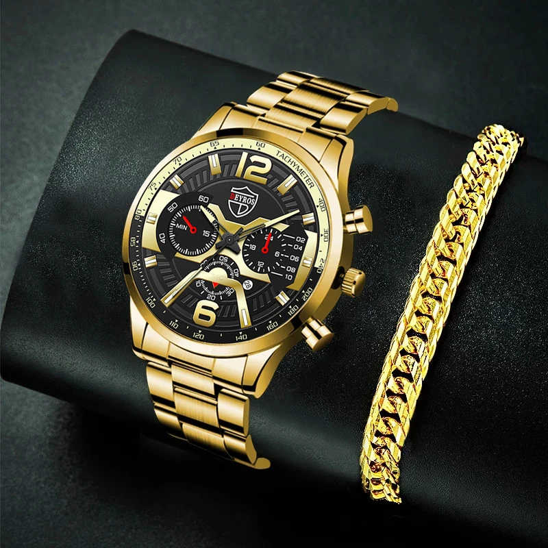 

Часы наручные мужские кварцевые, люксовые деловые аналоговые из нержавеющей стали, с календарем, с золотым браслетом