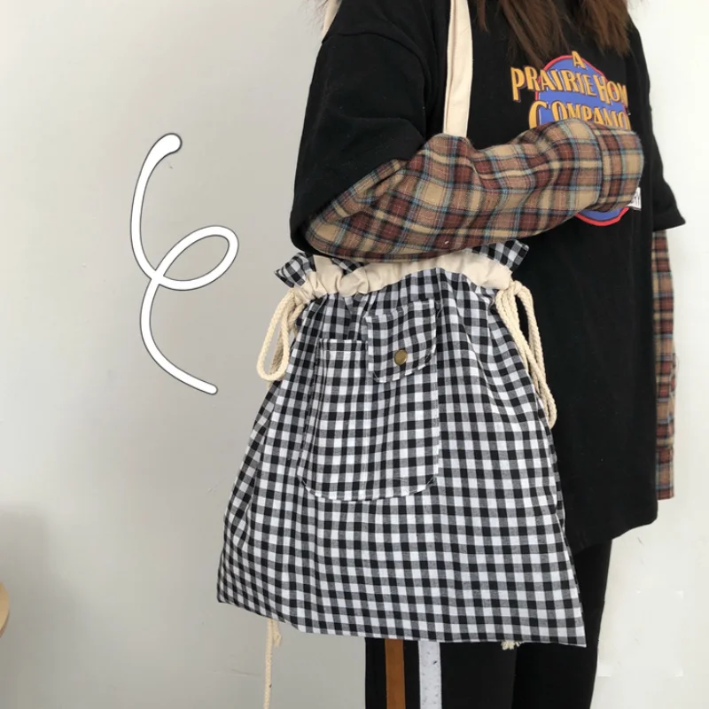 Shopping Bags Women Plaid Drawstring Casual Adjustable Large Capacity Ins Cute Students Shopper Canvas Bag Simple Korean Style
Shopping Bags Women Plaid Drawstring Casual Adjustable Large Capacity Ins Cute Students Shopper Canvas Bag Simple Korean Style