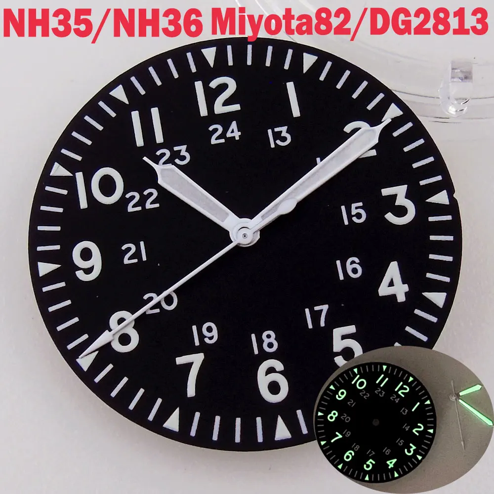 

33.6mm Black Watch Dial+Hands Fit NH35 NH36 Miyota8215 821A 8205 DG2813 ETA2824 2836 PT5000 ST2130 Green Lume Arabic Numerals