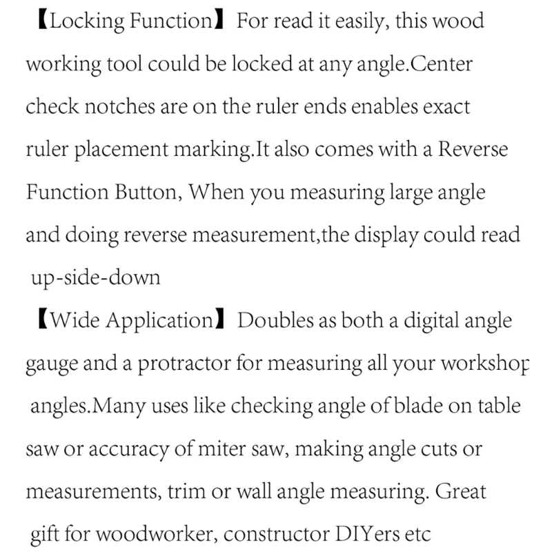 Digital Angle Finder Protractor Stainless steel Protrator Measuring Range: 0-400mm 0-360 W/ Locking Function
Digital Angle Finder Protractor Stainless steel Protrator Measuring Range: 0-400mm 0-360 W/ Locking Function