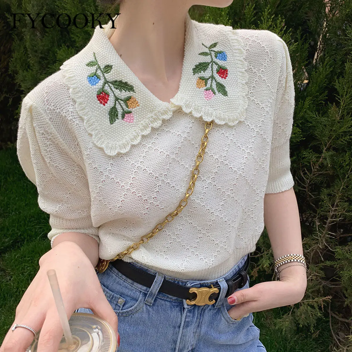 Summer 2021 New Knit Crop Tops Women Retro French Embroidery Doll Collar Shirts Loose Pullovers Short Sleeved Sweater
Summer 2021 New Knit Crop Tops Women Retro French Embroidery Doll Collar Shirts Loose Pullovers Short Sleeved Sweater