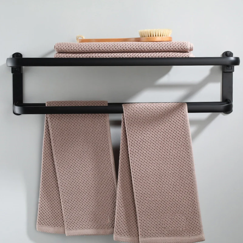 

490/590mm Aluminum Foldable Black Wall Mounted Bathroom Towel Rack Towel Holder Foldable Towel Shelf Hotel Bathroom Pendant Set