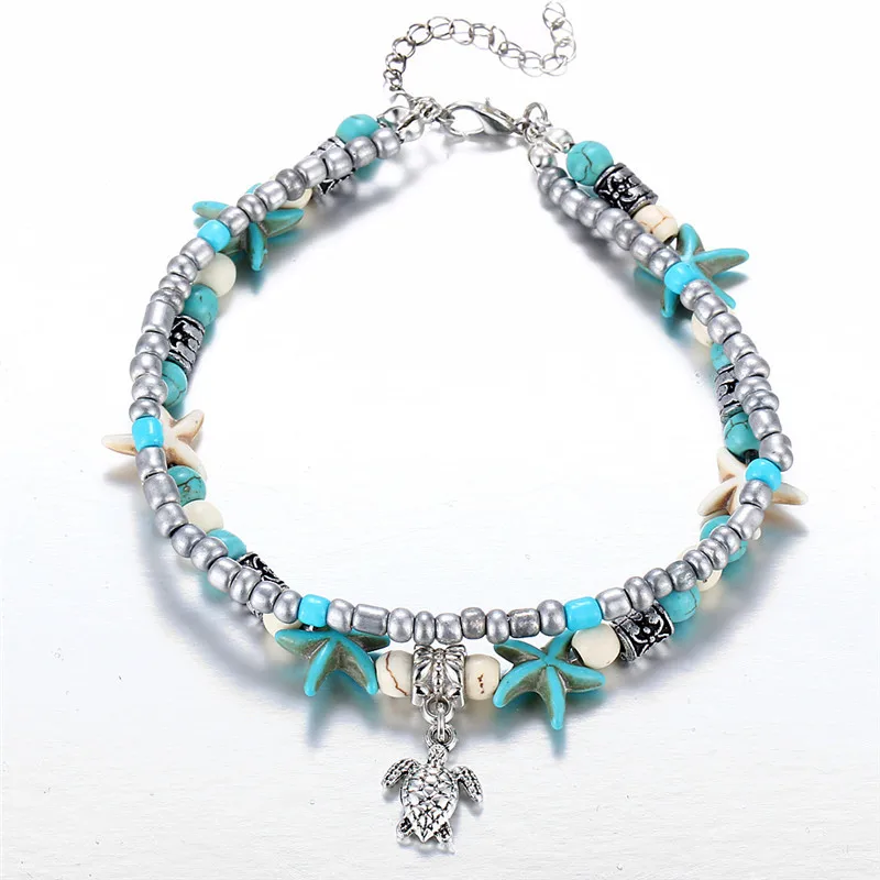 IL39RI3 Turquoise & Howlite Double Chains Bead Ankle Bracelet Ethnic Bohemian Jewelry Beach Layered Turtle Starfish Charm Anklet