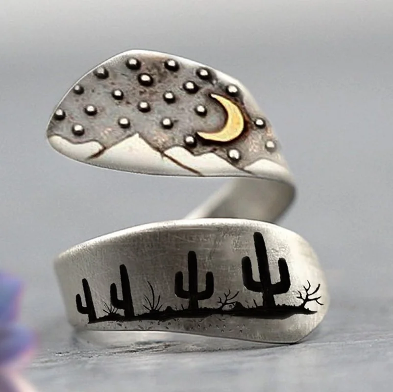 

2021 Female Hand-brushed Sunrise Moon Cactus Winding Ring Mountain Dandelion Ring for Women Jewelry Valentine's Day Gifts