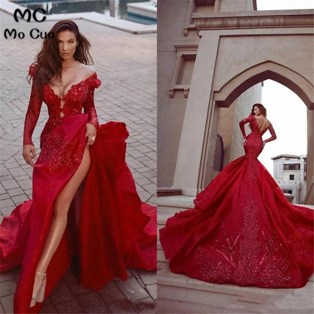 2020 Red Mermaid Prom Dresses High Side Split Long Evening Gowns V-Neck Open Back Appliqued Lace Long Sleeve Formal Party Gown
2020 Red Mermaid Prom Dresses High Side Split Long Evening Gowns V-Neck Open Back Appliqued Lace Long Sleeve Formal Party Gown