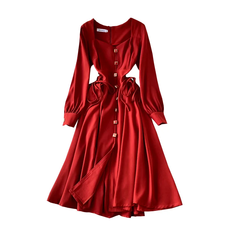 2021 spring new French lady slim square collar dress looks thin red retro gentle style long
2021 spring new French lady slim square collar dress looks thin red retro gentle style long