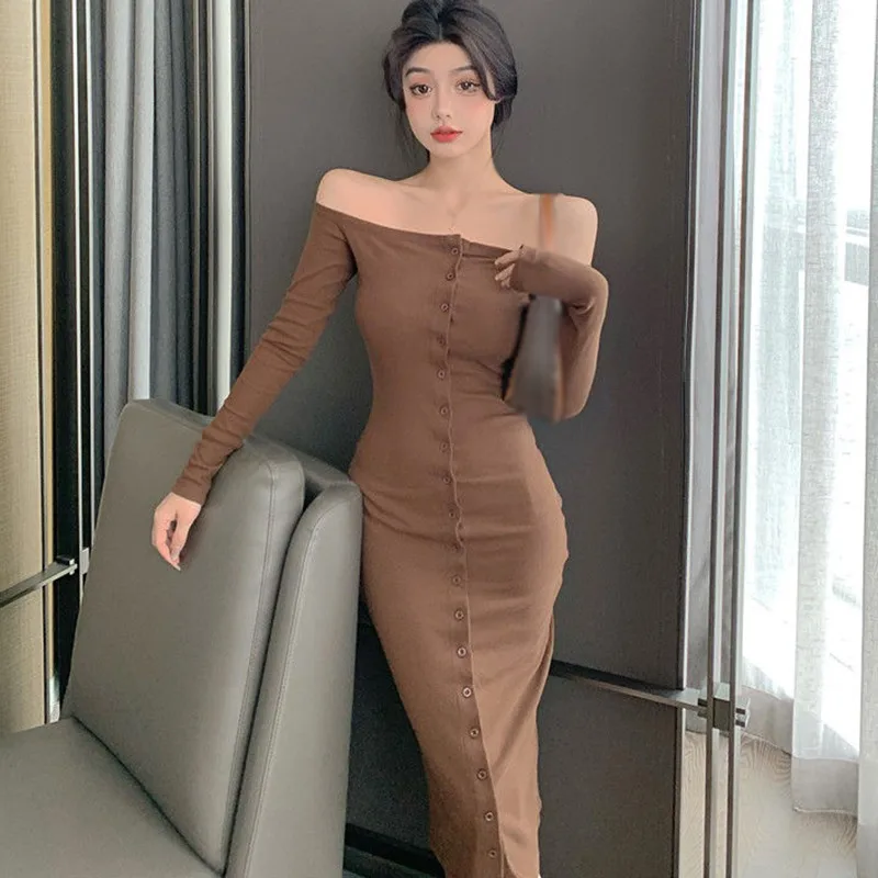 Women's Clothes Fashion Solid Slash Neck Single Breasted Sexy Slim Long Dress
Women's Clothes Fashion Solid Slash Neck Single Breasted Sexy Slim Long Dress