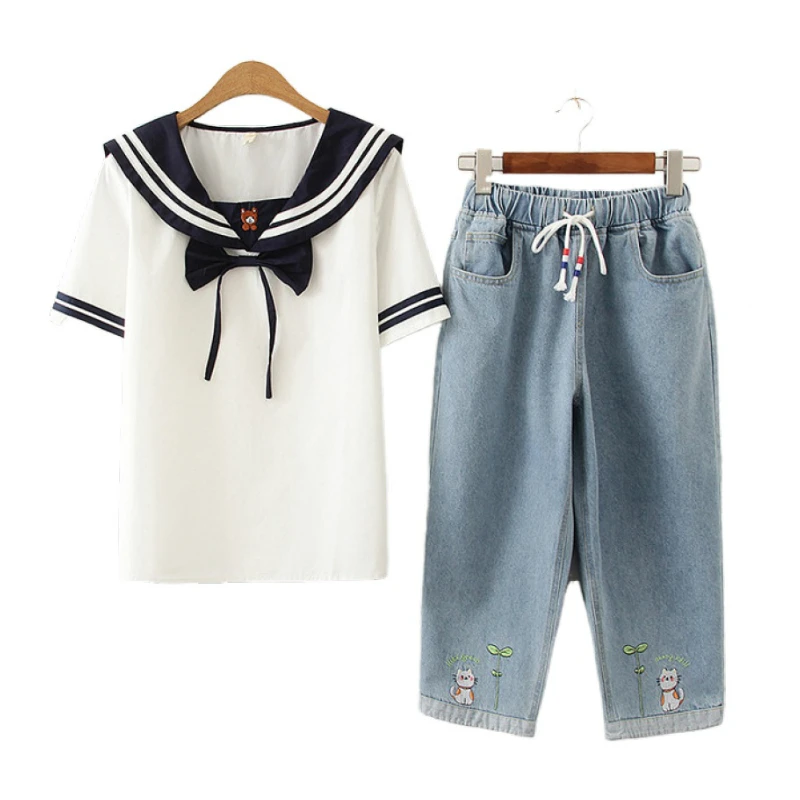 Women Summer 2 Pcs Set Top And Pants Sailor Collar Short Sleeve T Shirts Elastic Waist Embroidery Denim Pants Girls Outfits Sets
Women Summer 2 Pcs Set Top And Pants Sailor Collar Short Sleeve T Shirts Elastic Waist Embroidery Denim Pants Girls Outfits Sets