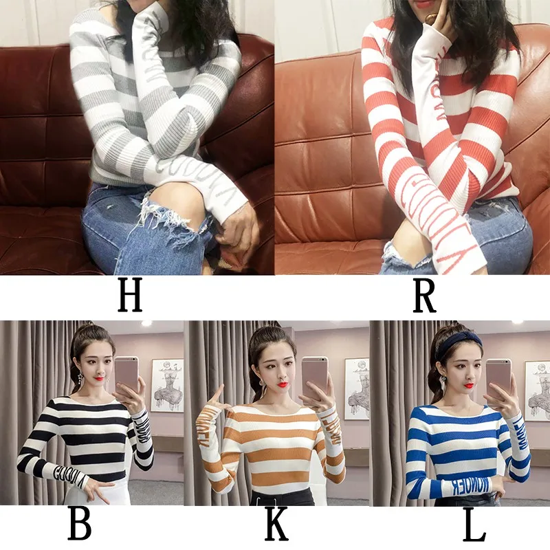 Women Autumn Winter Stripes Letter Print Slim Long Sleeved Collar Slim Bottom Knit Sweater New
Women Autumn Winter Stripes Letter Print Slim Long Sleeved Collar Slim Bottom Knit Sweater New
