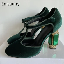 Luxury Emerald Agate Chunky Heel Wedding Shoes Jeweled High Heel Shoes T-strap Green Velvet Round Toe Rhinestone Pumps Women