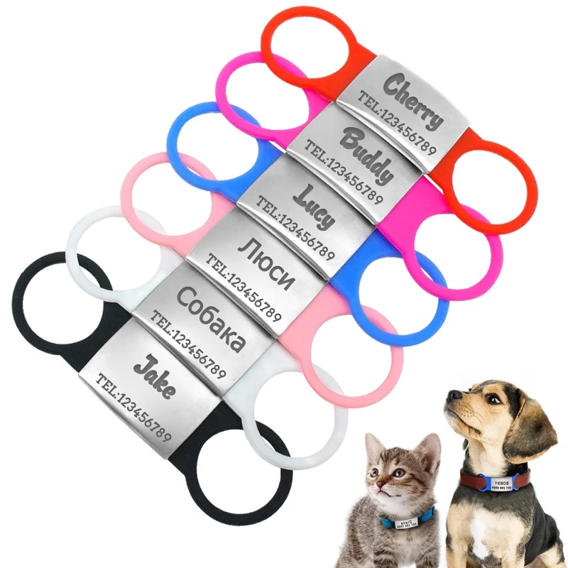 

Tensile Rubber Pet Dog Cat Tag Silicone Stainless Steel Dog ID Tag Engraved Dog Collar Anti-lost Pet Nameplate Tags for Dogs Cat