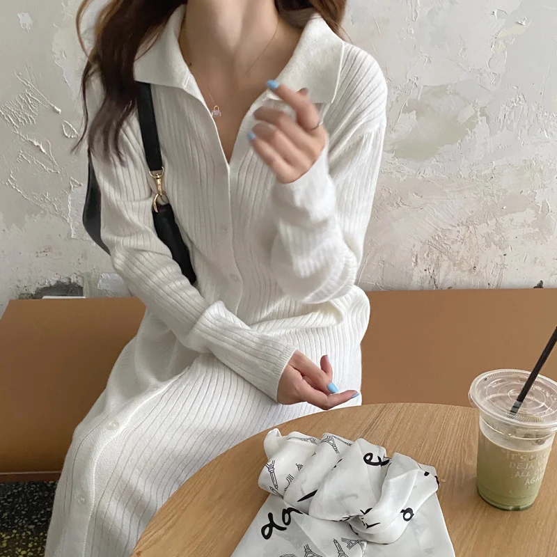 Korean Women Elegant Dress Chic Autumn Simple Lapel Loose Knit Skirt Single Breasted Long Slim Long Sleeve Dress Women
Korean Women Elegant Dress Chic Autumn Simple Lapel Loose Knit Skirt Single Breasted Long Slim Long Sleeve Dress Women