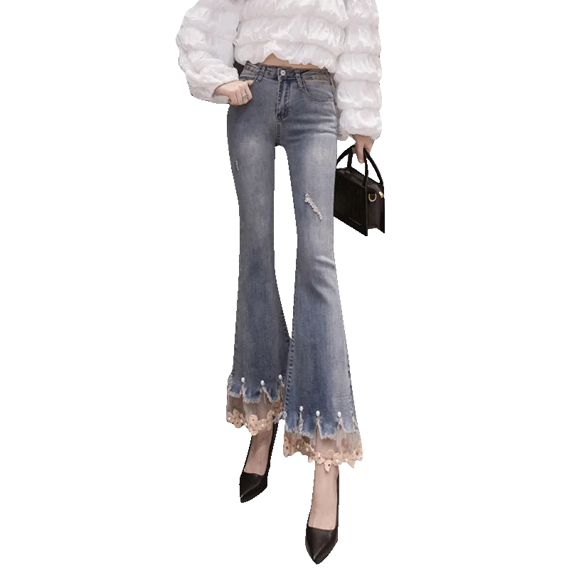 

2020 Spring New Elastic Jeans Women's Slim Beaded Lace Bell-bottom Pants Capri-Pants Streetwear Jeans Woman Plus Size Mom Jeans