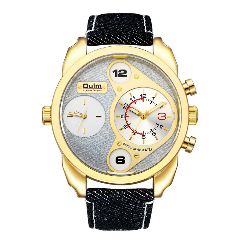 Oulm brand casual denim men's watch dual time zone large dial men's quartz watch
Oulm brand casual denim men's watch dual time zone large dial men's quartz watch