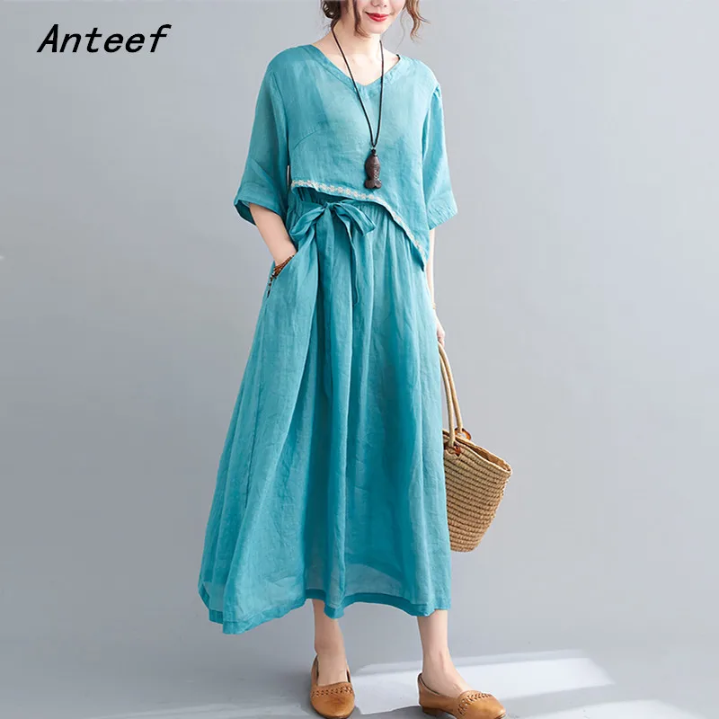 short sleeve cotton linen vintage embroidery dresses for women casual loose long woman summer dress elegant clothes 2021
short sleeve cotton linen vintage embroidery dresses for women casual loose long woman summer dress elegant clothes 2021