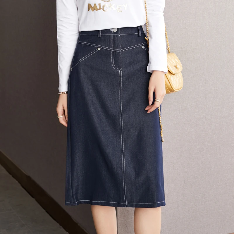 

Джинсовая юбка в стиле ретро, Корейская версия на весну 2022, НОВАЯ тонкая юбка-трапеция средней длины с завышенной талией, облегающая бедра