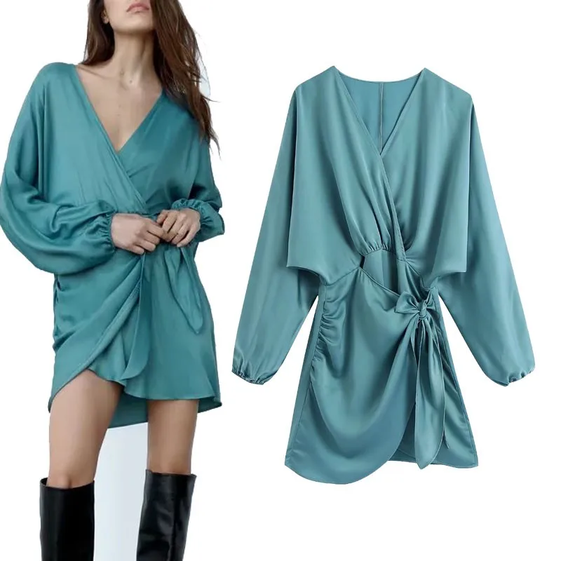 

Женское атласное платье с запахом ZA, короткое элегантное платье с буффами на рукавах, поясом на резинке сзади и завязками спереди, 2021
