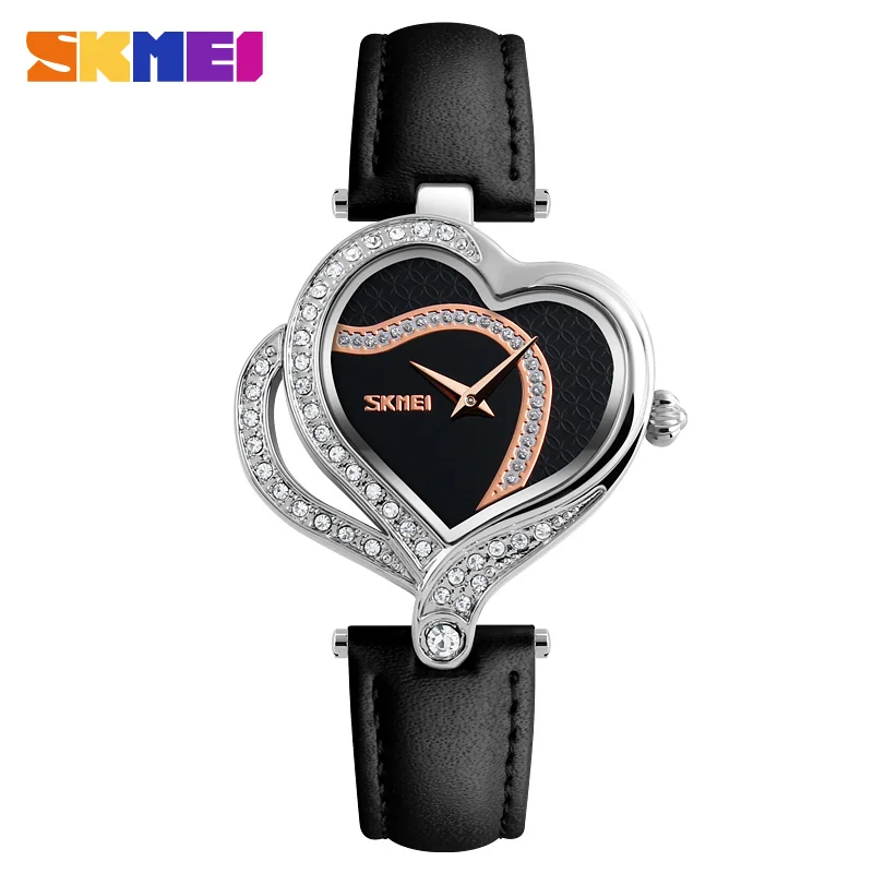 SKMEI Heart Shape Women's Quartz Watch Black Leather Bracelet Waterproof Creativity Ladies Diamond Watch For Women Reloj Mujer 
SKMEI Heart Shape Women's Quartz Watch Black Leather Bracelet Waterproof Creativity Ladies Diamond Watch For Women Reloj Mujer