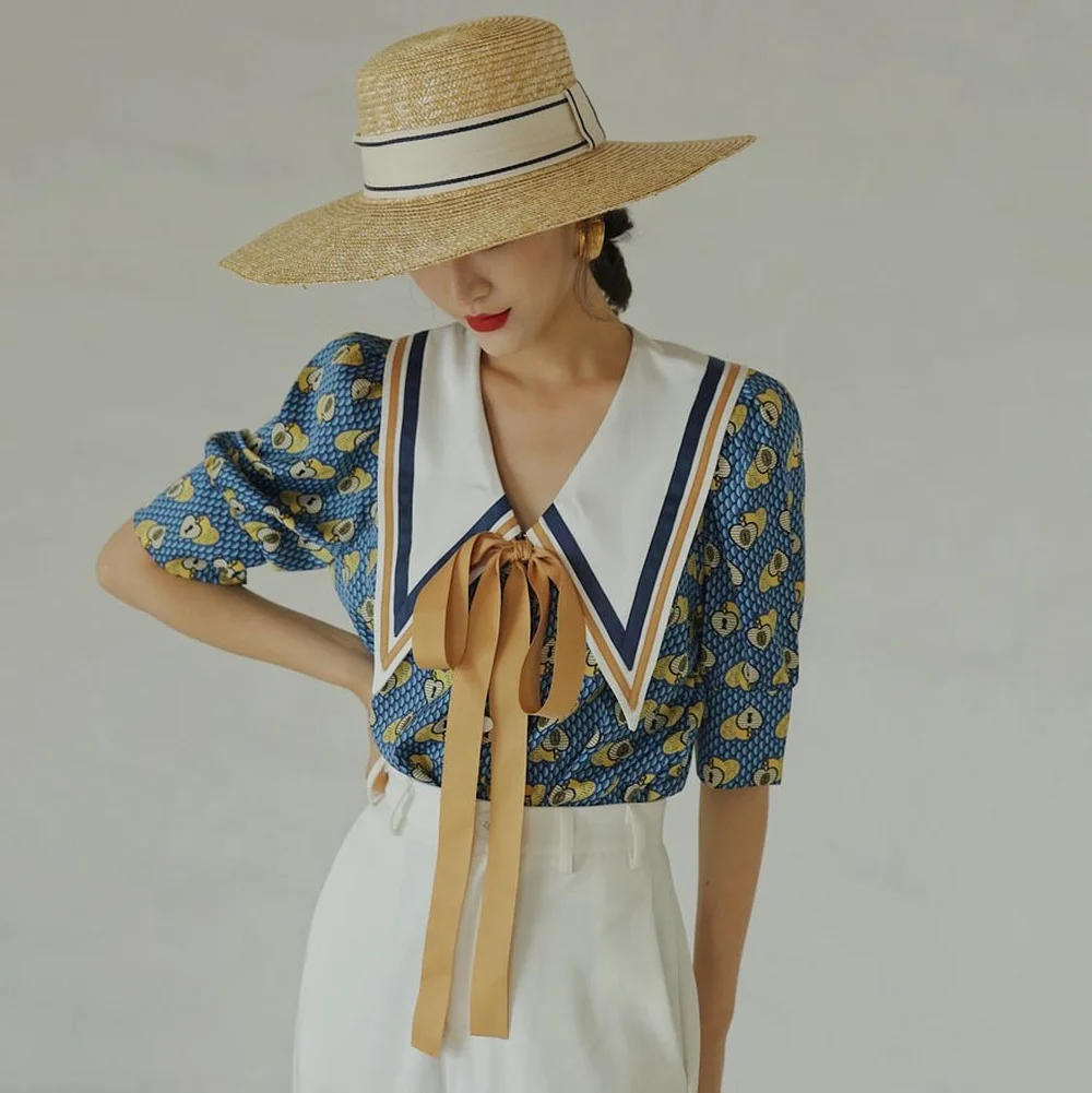 Vintage Blouse Summer Top Blue Puff Sleeve White Collar Shirt Women Loose Designer Ladies Tie Top Korean Fashion Clothing
Vintage Blouse Summer Top Blue Puff Sleeve White Collar Shirt Women Loose Designer Ladies Tie Top Korean Fashion Clothing