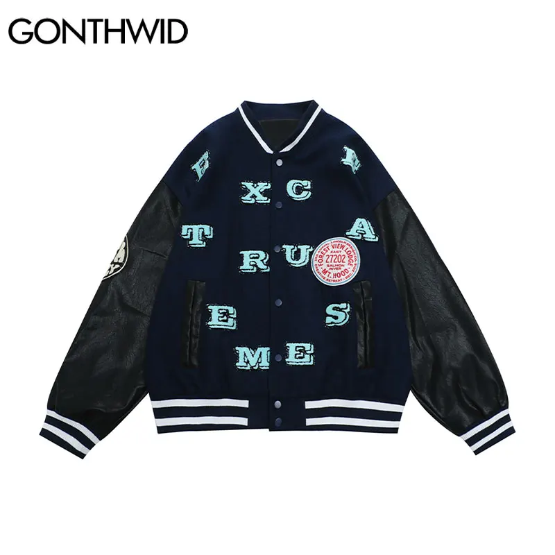 GONTHWID Harajuku Streetwear Baseball Jackets Embroidery Letter Leather Sleeve Bomber Coats Hip Hop Outerwear Casual Loose Tops
GONTHWID Harajuku Streetwear Baseball Jackets Embroidery Letter Leather Sleeve Bomber Coats Hip Hop Outerwear Casual Loose Tops