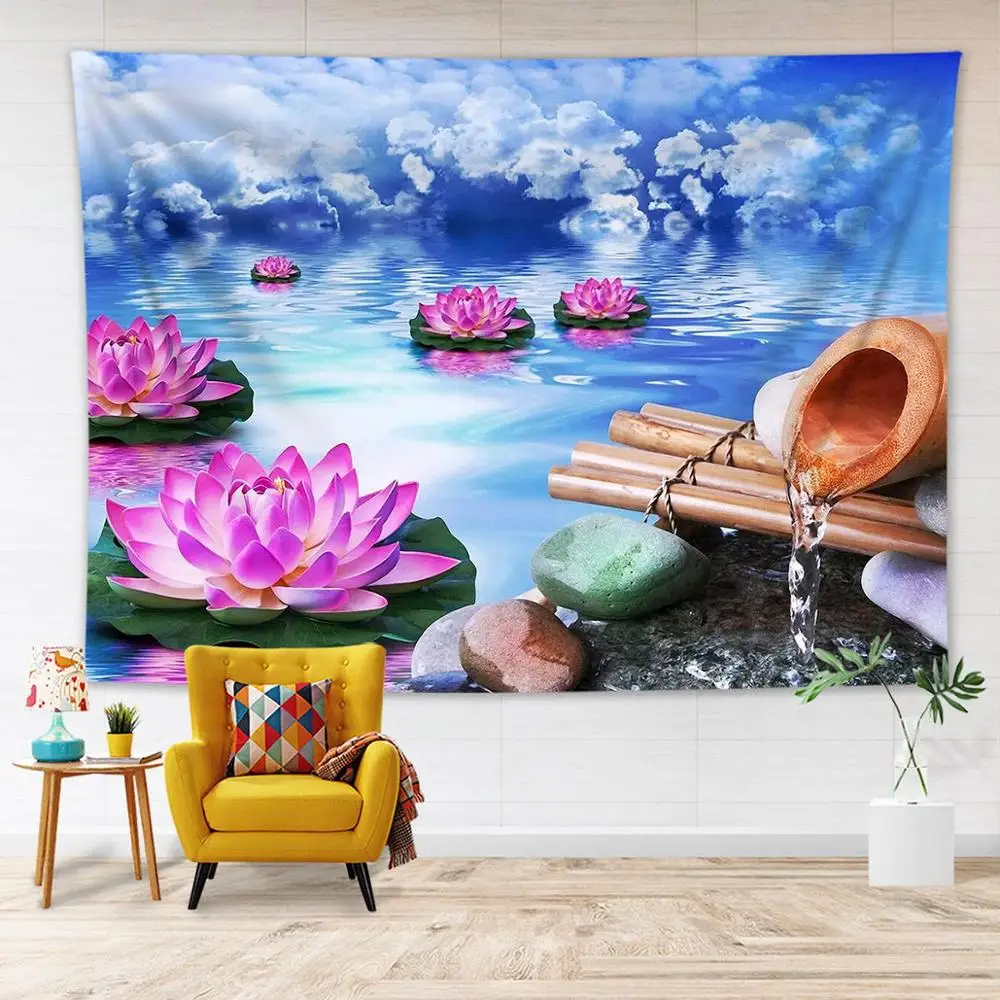 

Zen Spa Floral Tapestry Wall Hanging Decor Lotus Bamboo Stems Stones Garden Scenery Art Wall Cloth Tapestry Blankets Carpet