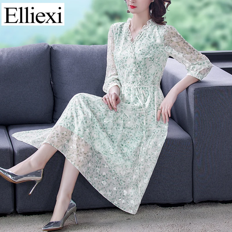 Elliexi 2021 Green Chiffon Dress Spring Autumn Casual Ruffle Printed French V-Neck Sashe A-Line Dress Female Offiec Lady Dresses
Elliexi 2021 Green Chiffon Dress Spring Autumn Casual Ruffle Printed French V-Neck Sashe A-Line Dress Female Offiec Lady Dresses