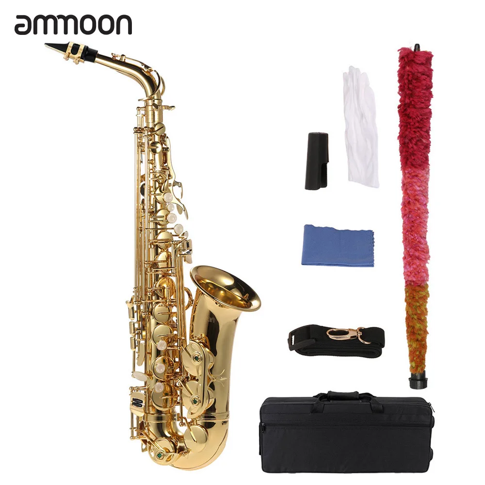 

Альт-саксофон ammoon Eb, латунь, E, плоский Sax, 802 дюйма, тип ключа, древесный ветровой инструмент с чистящей щеткой, тканевые перчатки, ремешок, мяг...
