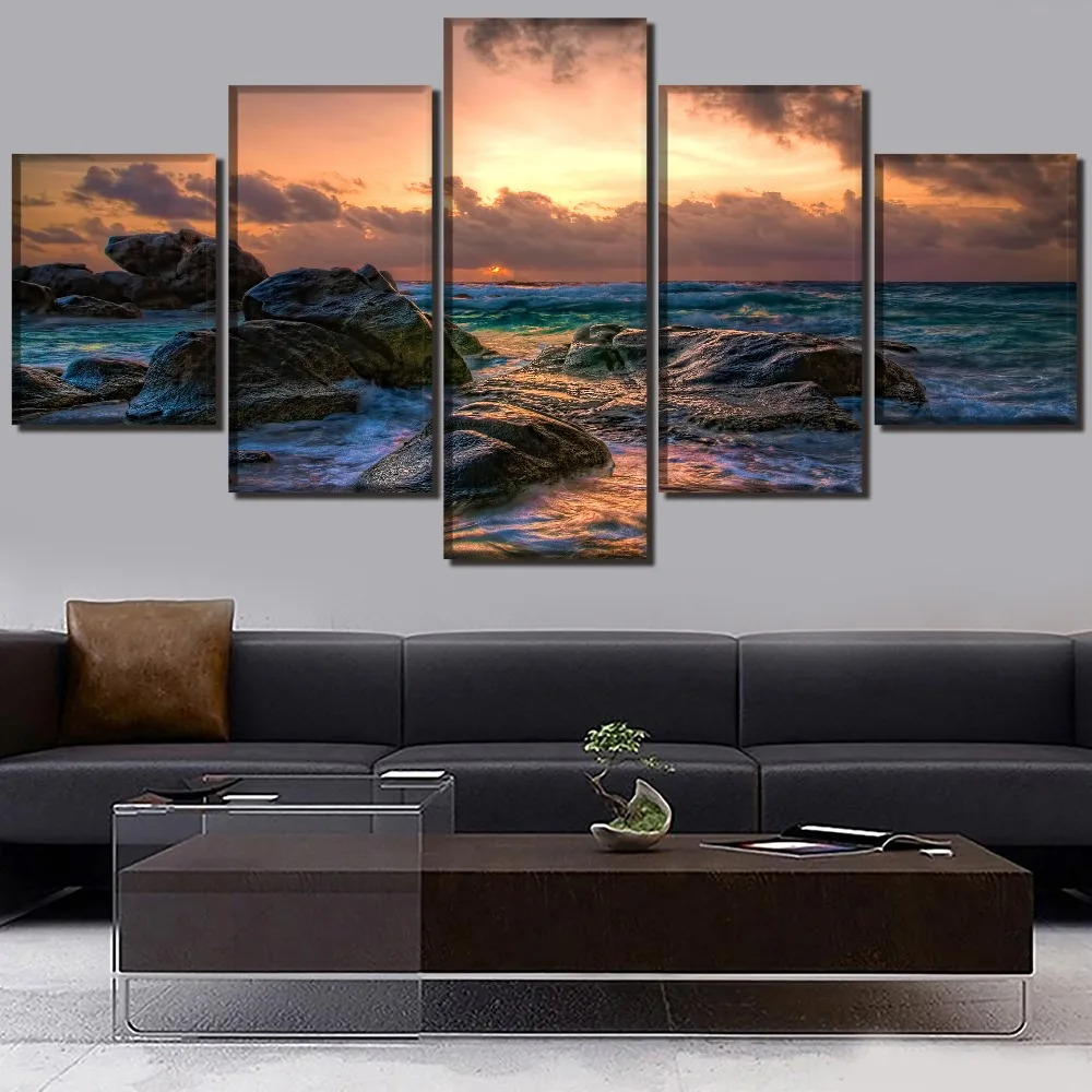Wall Art Canvas HD Prints Modular Pictures 5 Pieces Horizon Ocean Rock Sky Sunset Wave Landscape Paintings Decor Artwork Frame | Дом и сад