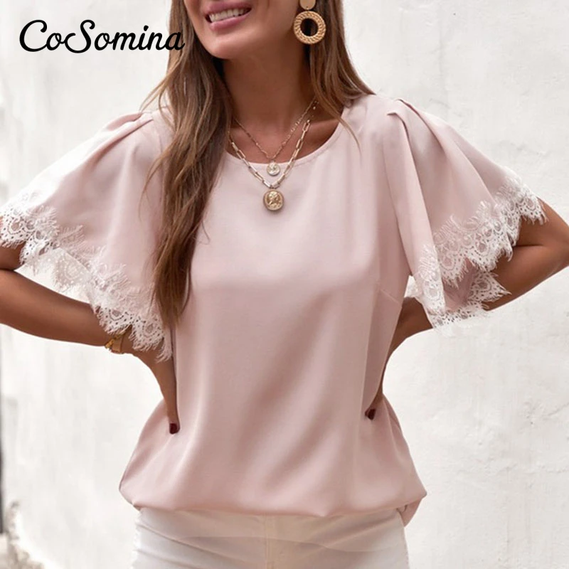 CoSomina Lace Hem Women Elegant Blouse Shirt O-neck Flare Short Sleeve Female Top Shirt Solid Plus Size Loose Ladies Blouse 2021
CoSomina Lace Hem Women Elegant Blouse Shirt O-neck Flare Short Sleeve Female Top Shirt Solid Plus Size Loose Ladies Blouse 2021