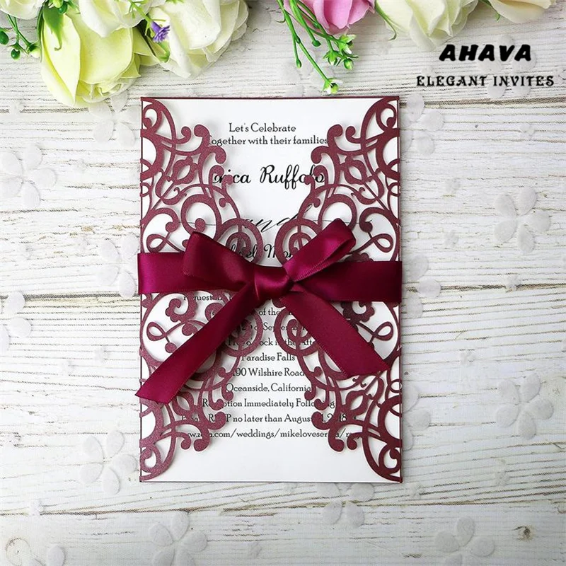 AHAVA Romantic Laser Cut Flowers Invitation Card Burgundy Paper Wedding Invitation Cards Wedding Party Supplies
AHAVA Romantic Laser Cut Flowers Invitation Card Burgundy Paper Wedding Invitation Cards Wedding Party Supplies