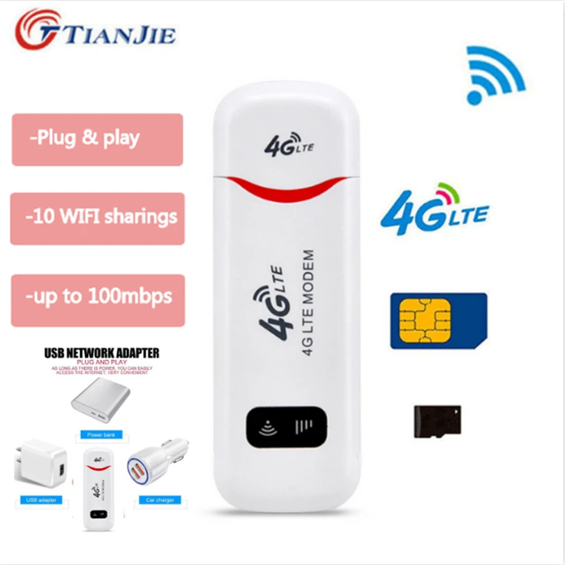 

TIANJIE Unlocked LTE WiFi Router 3G/4G Modem USB Hotspot Wireless Sim Card Dongle Pocket Car Wi-Fi Network Stick Broadband