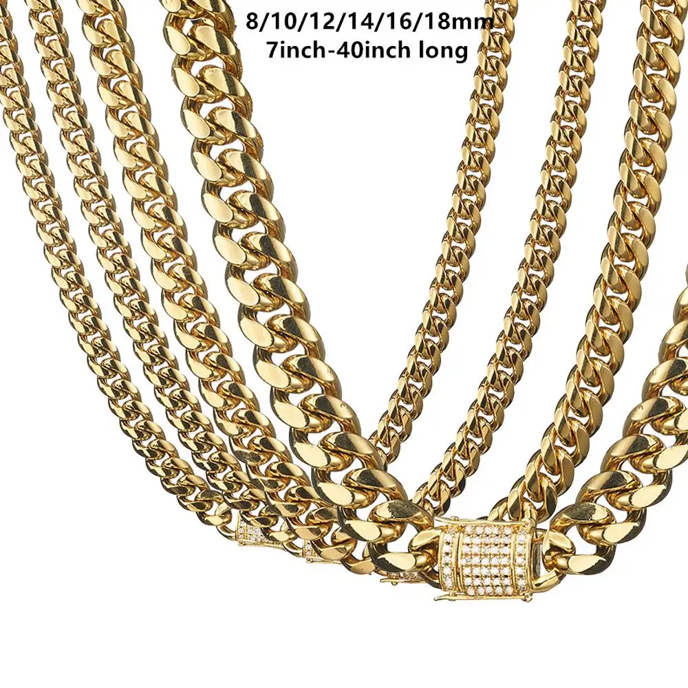 

8/10/12/14/16/18mm Hot Sell Men Gold Tone Stainless Steel Miami Curb Link Chain Necklace CZ Clasp