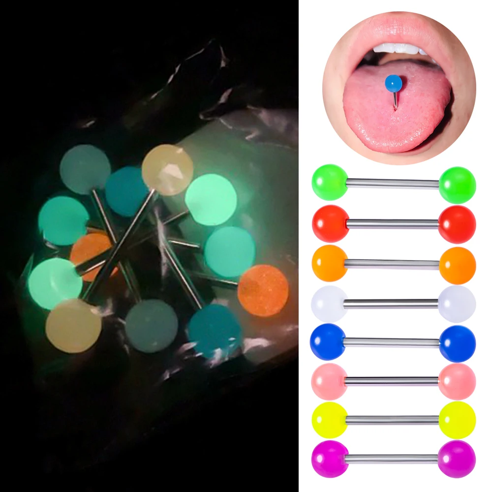 

HONGTU 10pcs Glow In The Dark Acrylic Tongue Rings 14G Luminous Tongue Piercing Barbell Glowing Nipple Ring Sexy Body Jewelry