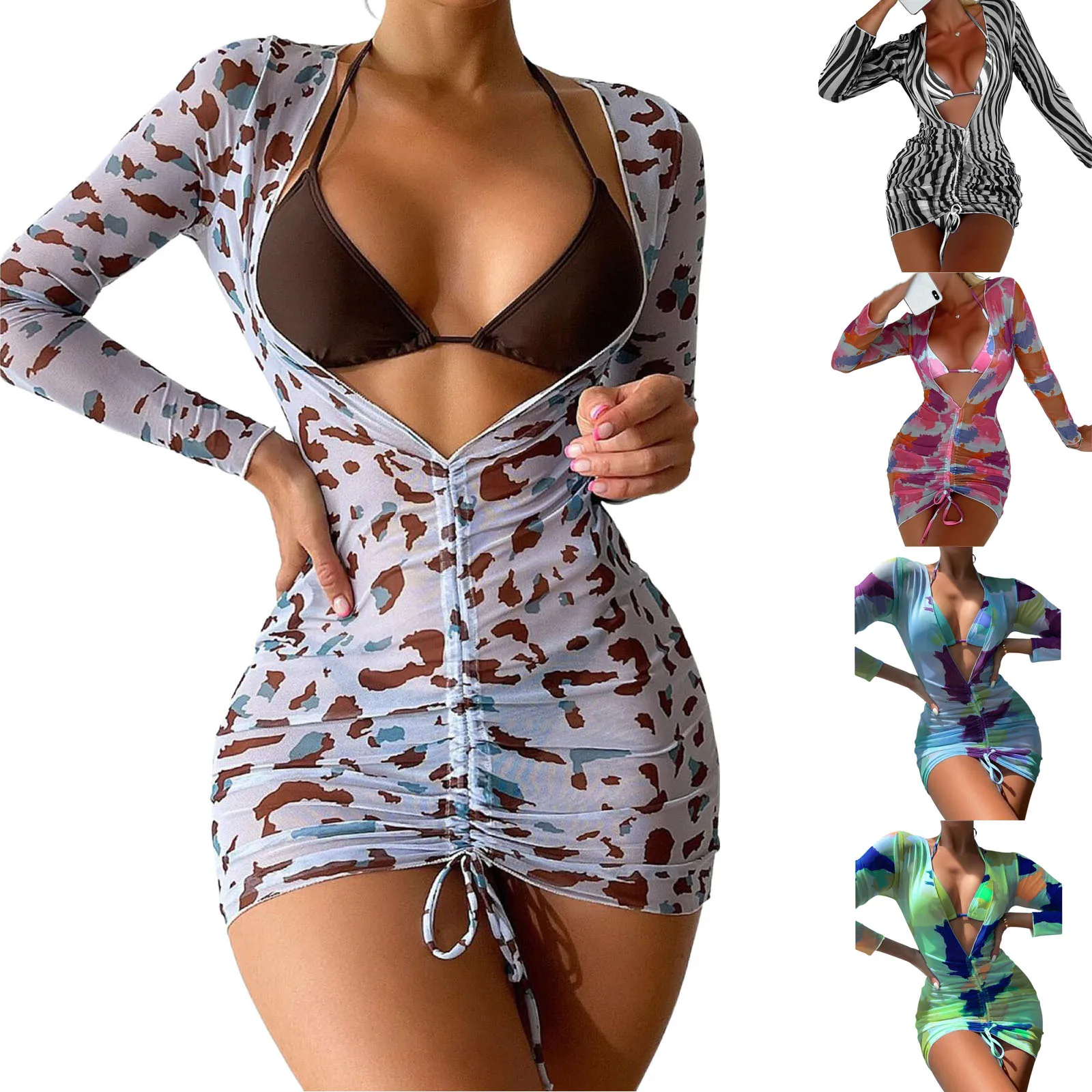 2022 New Summer 3Pcs Women Bathing Suits Adults Tie-up Contrast Color Padded Halter Bra + Long Sleeve V-neck Dress + Thong
2022 New Summer 3Pcs Women Bathing Suits Adults Tie-up Contrast Color Padded Halter Bra + Long Sleeve V-neck Dress + Thong