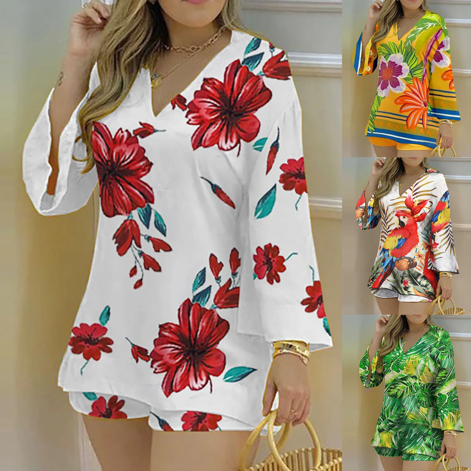 Women Casual Printing Plain Bell Sleeve V-Neck Top Blouse Shirt Shorts Set Casual Summer Solid Streetewar Suit Sets 2021 New
Women Casual Printing Plain Bell Sleeve V-Neck Top Blouse Shirt Shorts Set Casual Summer Solid Streetewar Suit Sets 2021 New