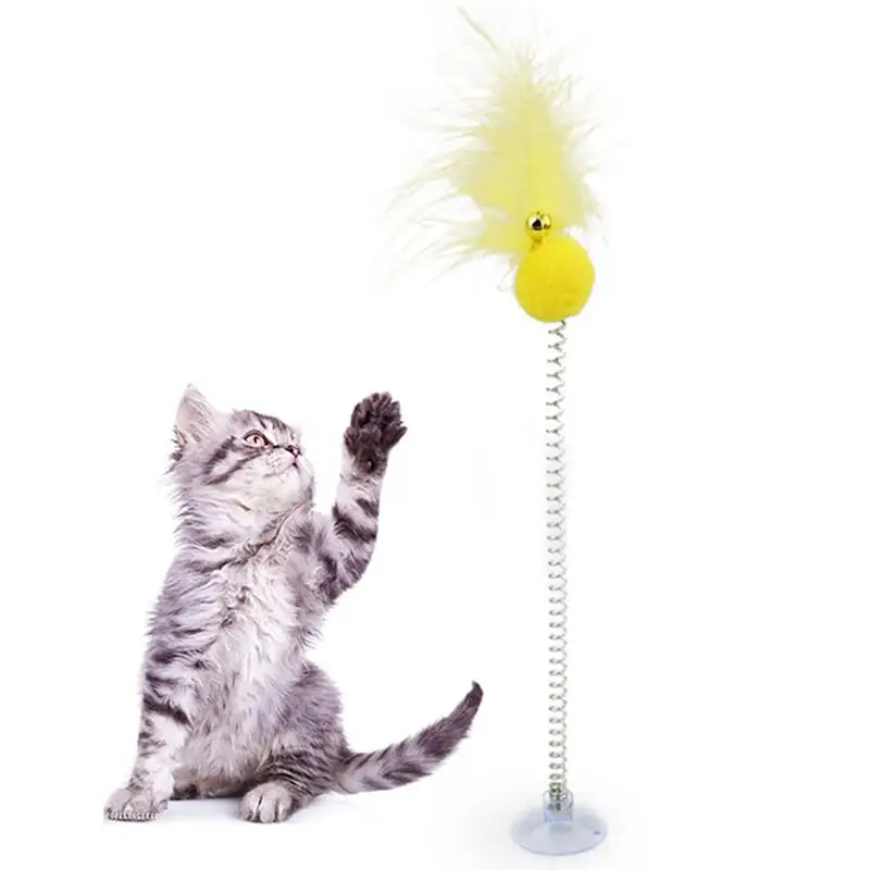 

Dorakitten 1Pcs Cat Teaser Feather Toy Suction Cup Spring Bell Cat Toys With Pompom Interactive Kitten Teasing Playing Toy Wand