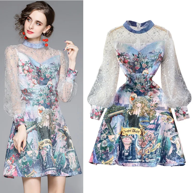 Stylish Lantern Sleeve Party Sequins Embroidery Women's Dress Gilding Lace Slim Patchwork Printing See Through Vintage Vestidos
Stylish Lantern Sleeve Party Sequins Embroidery Women's Dress Gilding Lace Slim Patchwork Printing See Through Vintage Vestidos