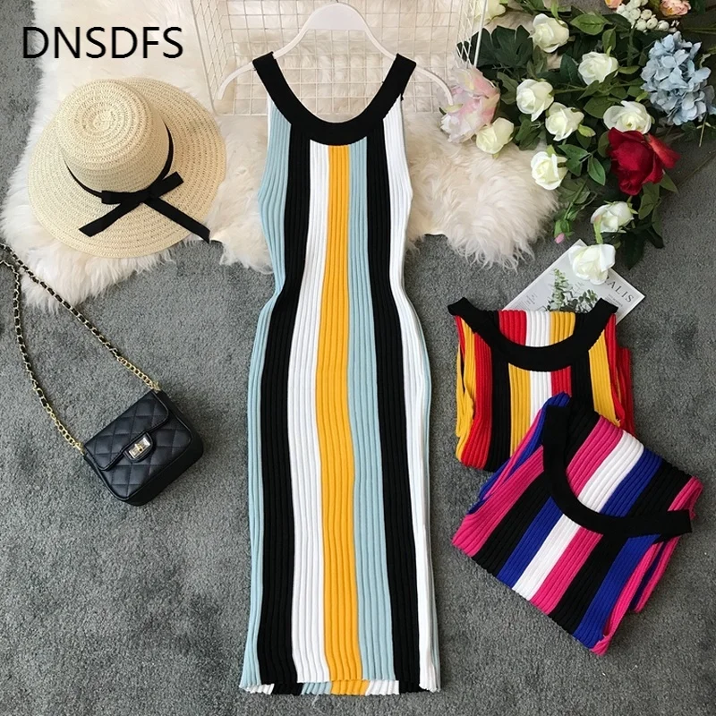 2020 Summer New Casual Knitted Bodycon Dress Fashion Korean Crew Neck Halter Sleeveless Dress Women's Slim Fit Stripes Dresses
2020 Summer New Casual Knitted Bodycon Dress Fashion Korean Crew Neck Halter Sleeveless Dress Women's Slim Fit Stripes Dresses