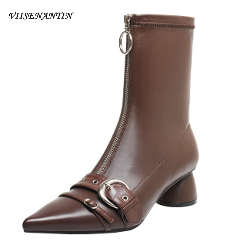 New Autumn and Winter Pointed Toe Thick Mid Heel Front Zipper Belt Buckle Elastic Ankle Martin Boots Genuine Leather Women Shoes
New Autumn and Winter Pointed Toe Thick Mid Heel Front Zipper Belt Buckle Elastic Ankle Martin Boots Genuine Leather Women Shoes