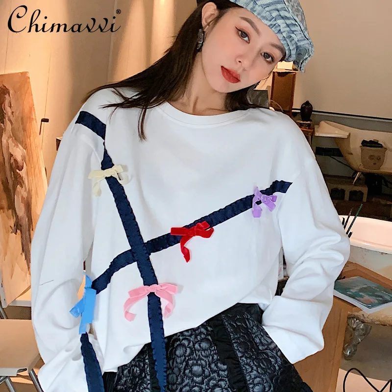 Fashion Girl White T-shirt 2021 Fall Women's Clothing New Round Neck Pullover Ribbon Bow Patchwork Tops Loose Bottoming Shirts
Fashion Girl White T-shirt 2021 Fall Women's Clothing New Round Neck Pullover Ribbon Bow Patchwork Tops Loose Bottoming Shirts