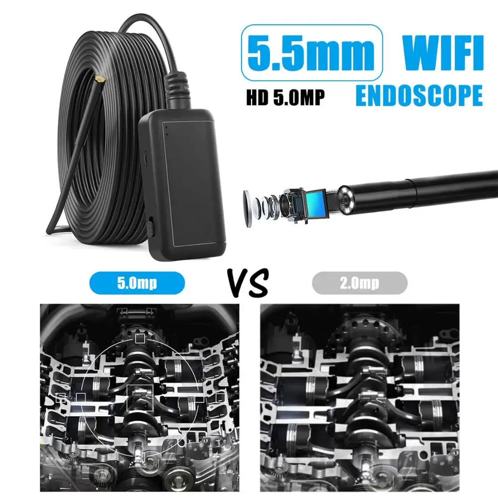 Wifi эндоскоп камера HD 5.0MP Мини для Android Iphone 5 мм жесткий кабель гибкий промышленный
