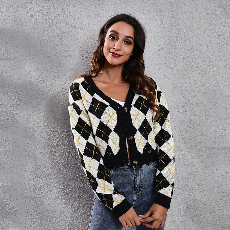 WOHUADI Vintage Loose Women's Clothing Knitted Sweater Beige Black Argyle Grid Female Coat Fashion Long Sleeve Short Cardigan
WOHUADI Vintage Loose Women's Clothing Knitted Sweater Beige Black Argyle Grid Female Coat Fashion Long Sleeve Short Cardigan