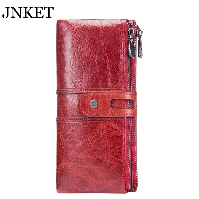 

JNKET Oil Wax Genuine Cow Leather Women's Purse Long Wallet Double Zippers Wallet Coin Purse Card Holder Fashion Leisure Handbag