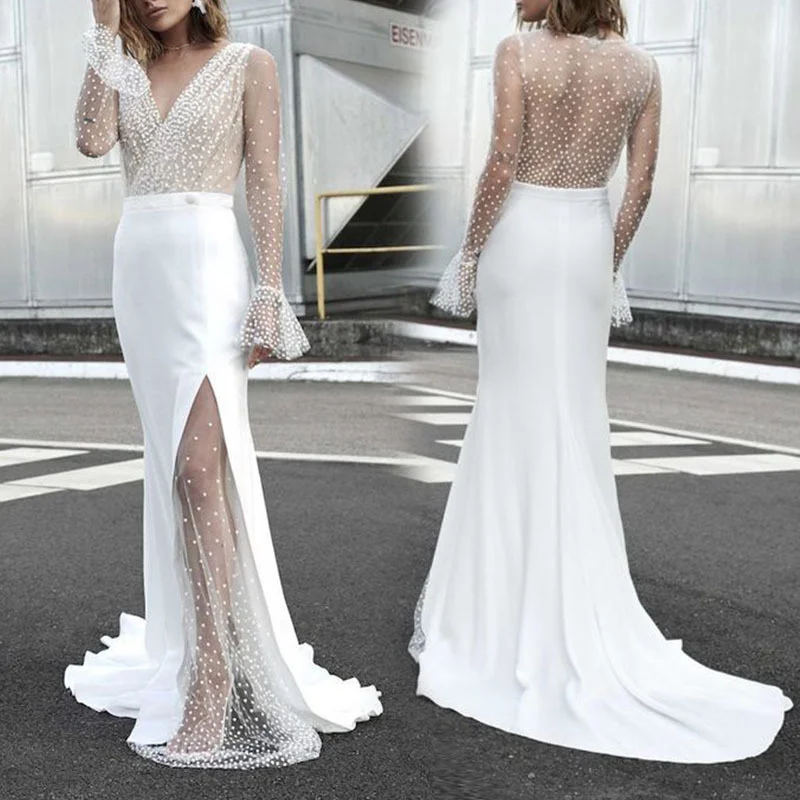 Sexy Mermaid Wedding Dresses High Split V-neck Long Sleeve Lace Appliques Bridal Gowns Dubai Boho Vestido De Noiva Sweep Train
Sexy Mermaid Wedding Dresses High Split V-neck Long Sleeve Lace Appliques Bridal Gowns Dubai Boho Vestido De Noiva Sweep Train