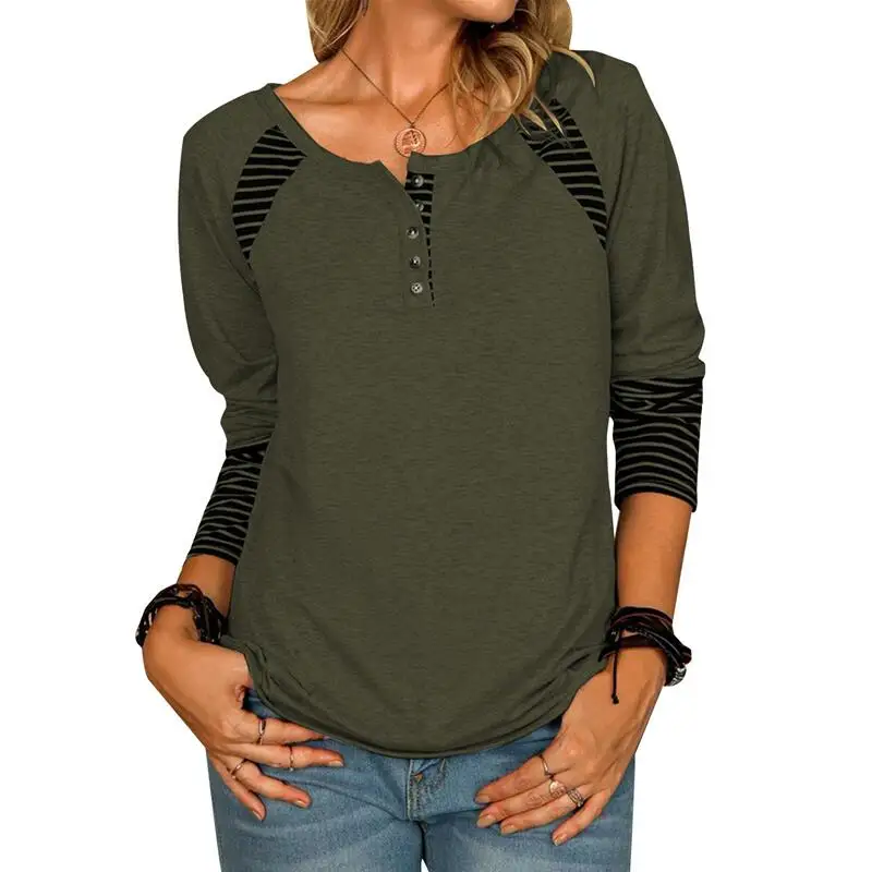 Autumn Striped Print T-shirt Women Casual Long Sleeve Round Neck Button Tee Tops Fashion Stitching Pullover Straight T-shirt
Autumn Striped Print T-shirt Women Casual Long Sleeve Round Neck Button Tee Tops Fashion Stitching Pullover Straight T-shirt